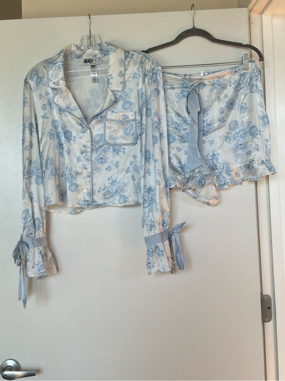 Beach Riot Blue Floral Satin Pajama Set - Crop Shirt & Tie-Shorts